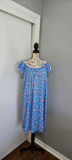 Vintage 1970s Miss Elaine Blue Floral Print Nightgown with Lace Trim