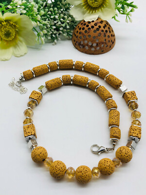 Halskette HANDMADE Lava Perlen Ocker Glasschliffperlen Modeschmuck 182b-0442