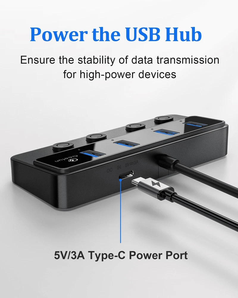 Eefun 4-Port USB 3.0 Hub with LED Power Switches & 2ft Extension Cable