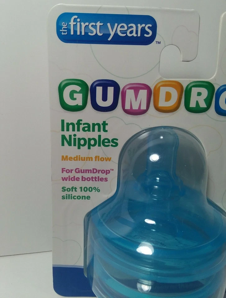 TOMY GumDrop Infant Nipples 2 Pack Blue 3m+ The First Years Medium Flow BPA Free - Image 2 of 4