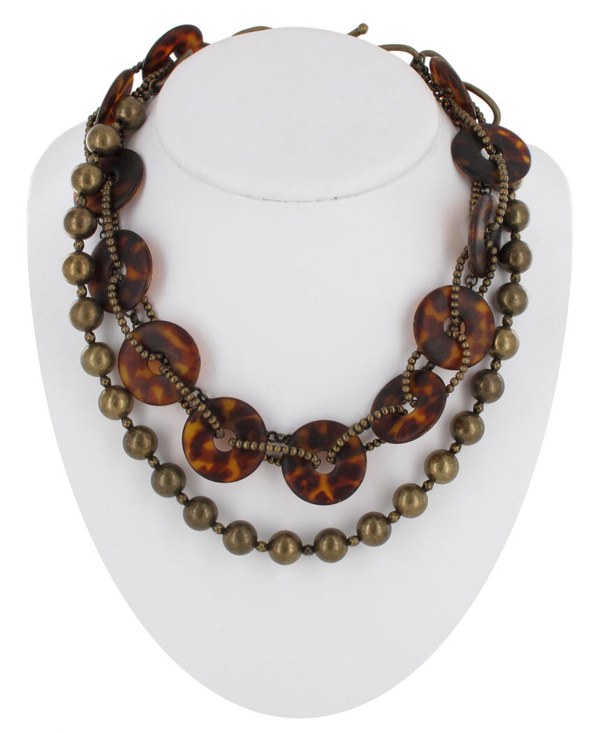 Two Strand Brass Tone Beaded Chunky Faux Tortoise Ring Statement