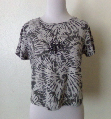AWAKE GRAY/WHITE TIE DYE CROP TOP SHORT SLEEVE SUN & MOON STRETCH WOMEN LARGE