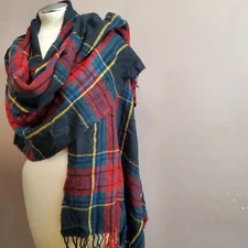 Vintage Wrap Shawl Scarf Tartan Plaid Fringe Black Blue Red Warm 77" x 26" Soft