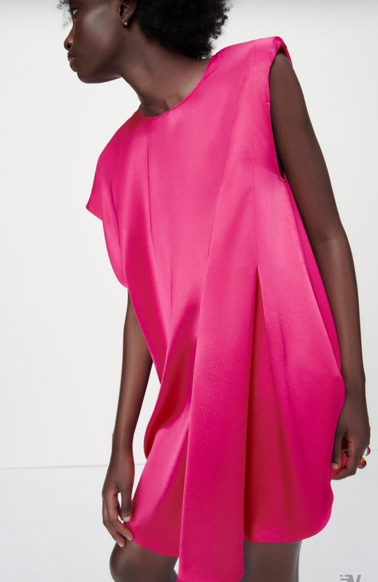 zara satin dress with shoulder pads Zara Size M Pink Satin Mini Dress Shoulder Pads Asymmetric Limited Edition  Bnwt
