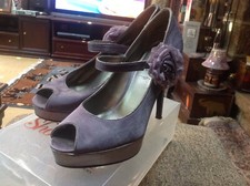 👠🌸UK 7 EUR 40 NEW LOOK MAUVE SATIN PEEP TOE HEELS SHOES  FLOWER DETAIL