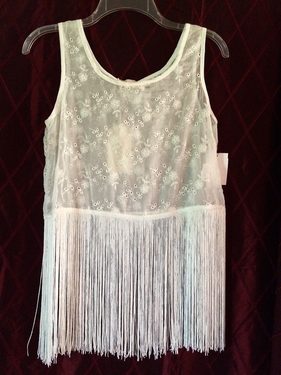 【新品】airy fringe sheer tops(white) NWT NAANAA Sheer Eyelet Top with Fringe Hem Poly White S
