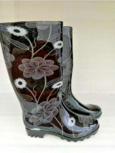 STIVALI DA PIOGGIA IN GOMMA ALTI NERI CON FIORI PER DONNA RAGAZZA  IMPERMEABILI | eBay