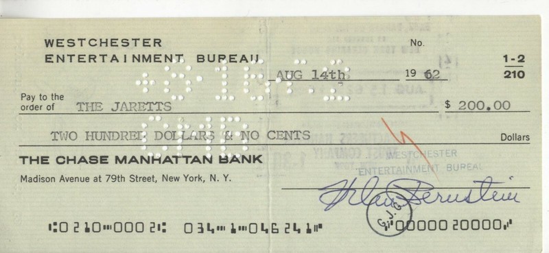 The Jarretts Signed Check  Vaudeville Performer  singer, songwriter, producer,