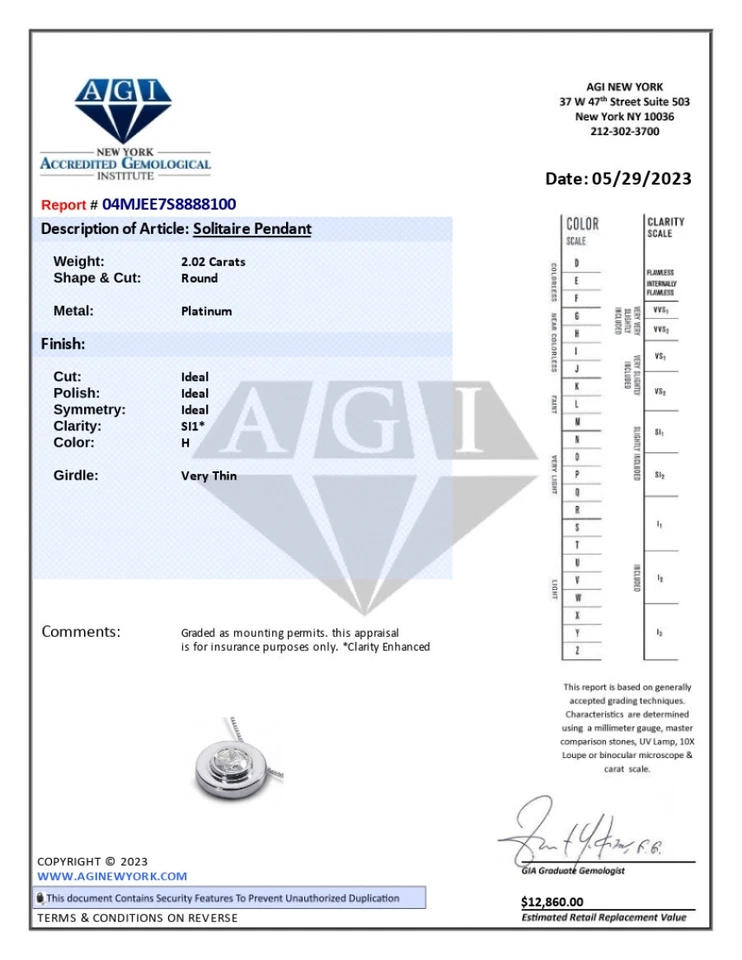 2.02 Carat H SI1 Round Cut Natural Certified Diamond Platinum Solitaire Pendant - Image 3 of 3