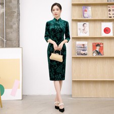 Women Midi Velour Qipao Chinese Traditional Autumn Cheongsam Evening Frock Dress