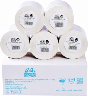 MARCA: DOUBLE DRAGON 5 x rotoli (2.500 etichette) Premium Direct Etichette termiche, 100 x 150 mm