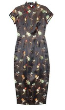 Vintage Cheongsam Dress Black Satin Brocade Qipao Floral 28 Waist