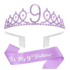 9th Birthday Decorations for Girls,Purple Headband  Glitter Sash Set for 9 Y...