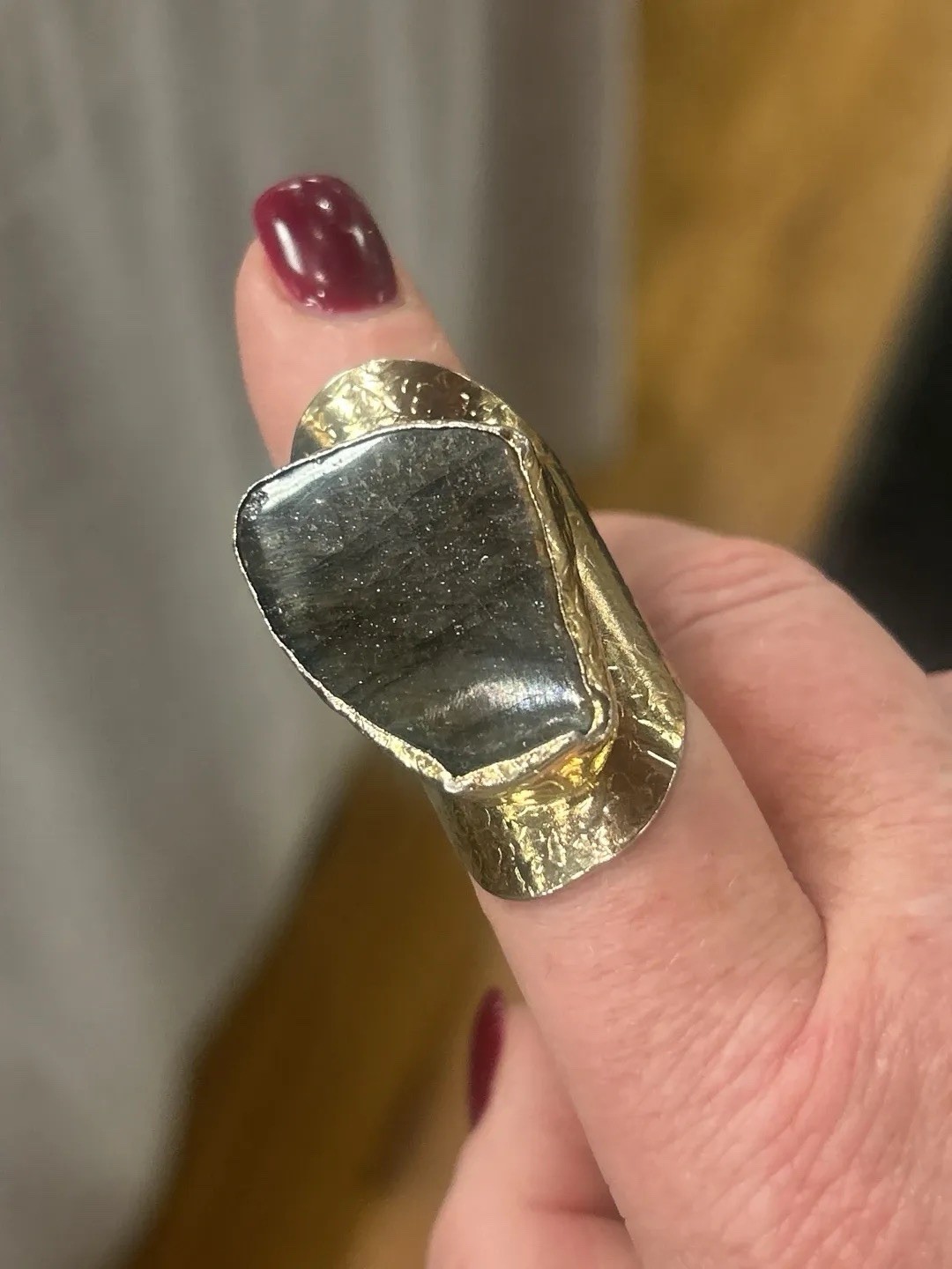 Labradorite Rectangle Statement Ring Textured Gol… - image 1