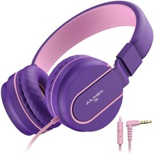 Kids Headphones for School with Microphone 93dB Volume Limited Pink Purple