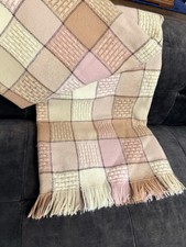 Vintage PENDLETON USA Pink Beige Plaid 100 Pure Virgin Wool Fringe Throw