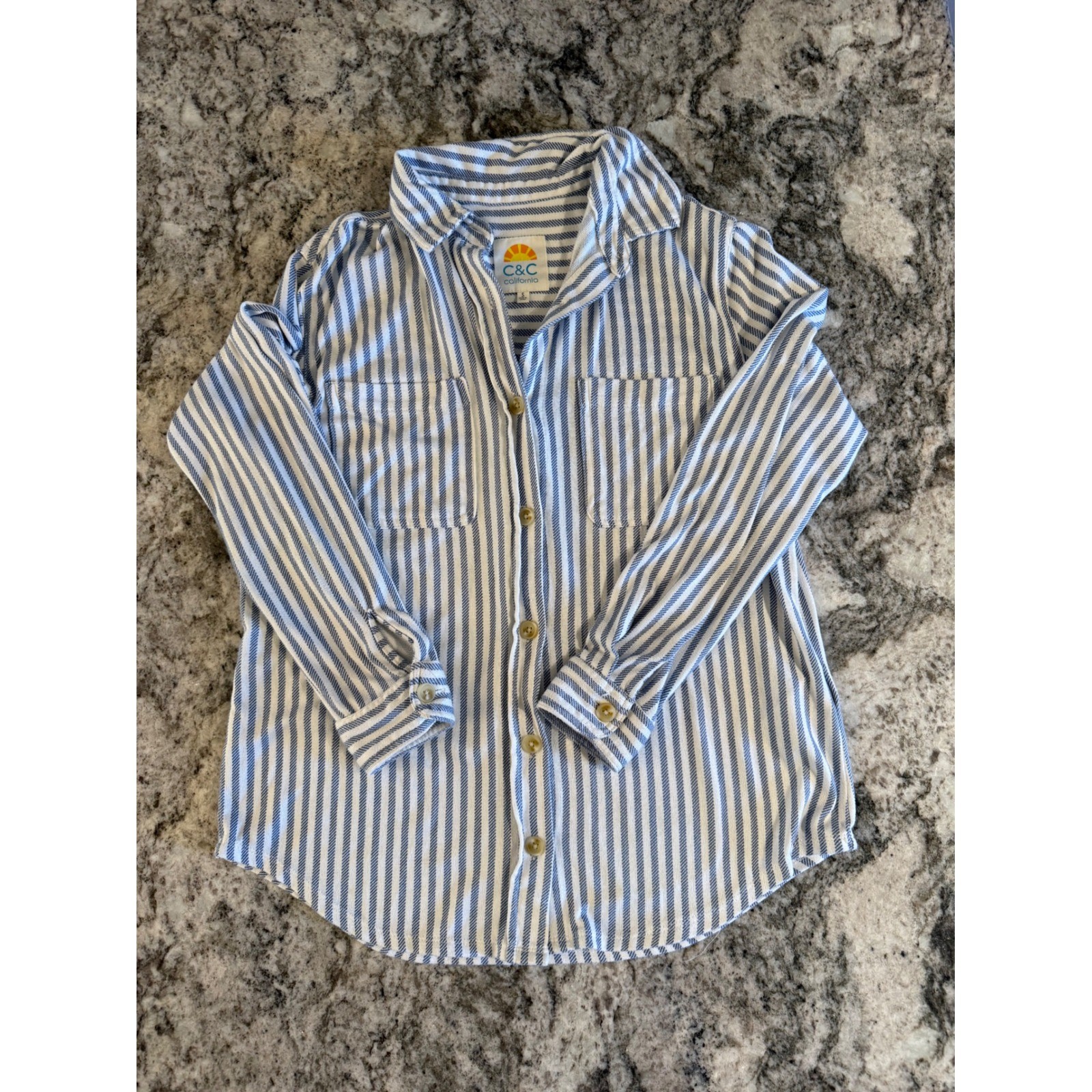 C&C California Womens Blue White Striped Long Sleeve Button Down Shirt Small
