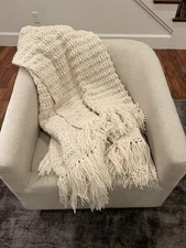 Vintage Hand Knit Ivory Off White Throw Blanket Afghan Farmhouse With Fringe