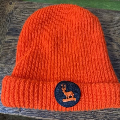 Vintage 60 s Blaze Orange Buck Deer Hunting Patch Cuffed Stocking Hat Comfy Warm