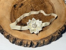 Newborn Baby Satin Flower Headband Photo Prop Ivory Rhinestone