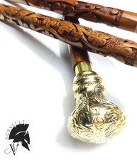 Vintage Fancy Hand Carved Walking Stick Wooden Cane Victorian Brass Handle