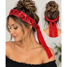 Handmade Red Sequin Rose Hair Wrap Headband OOAK Sparkly Boho Festival Statement