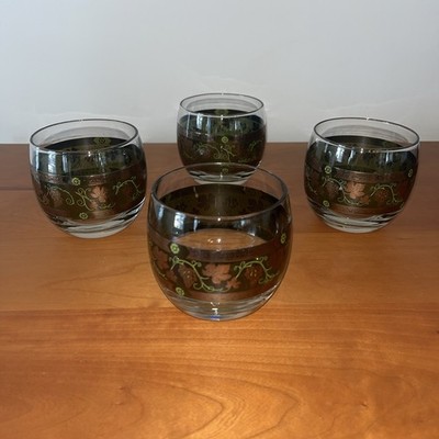 Set Of 4 Exquisite MCM Cera Roly Poly Glasses Green Band W/22K  Golden Grapes 