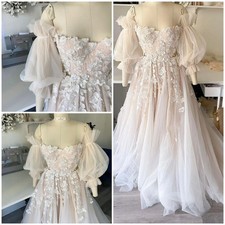 Pink Princess Wedding Dresses Strapless Puffy Sleeves Lace Applique Bridal Gowns