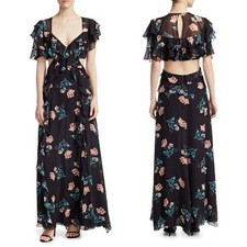 NICHOLAS 'Piper' Floral Silk Sweatheart Neck Ruffle Sleeve Cutout Maxi Dress, 0