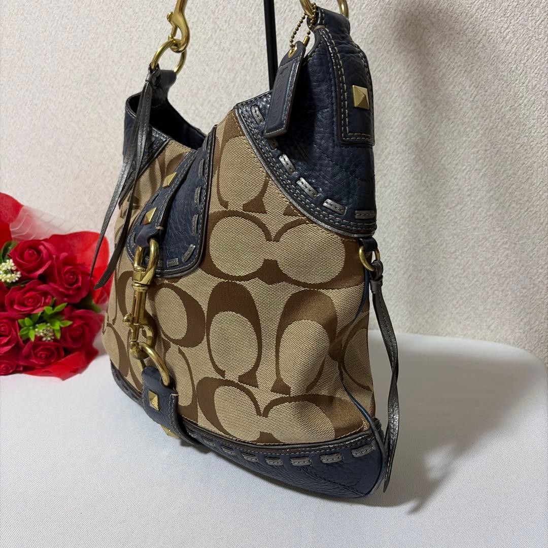 COACH Ergo Soho Jackie Shoulder Bag Canvas Leather Beige Navy Logo