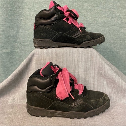 Women's Suede Black and Pink High-Top Sneakers Ribbon Laces 8 1/2 Vintage 90's - Picture 2 of 9