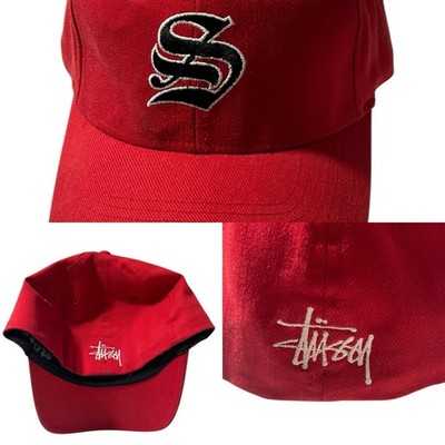 Vintage Stussy Hat S/M Fitted Red Embroidered Logo 90s Cotton