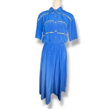 Vintage Popovitch Blue Shirt Dress Gold Trim Button Front Midi Nautical Preppy