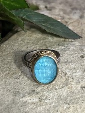 30. Vintage Sterling Silver 925 Oval Checker Cut Blue Glass Ring 7s. 6.7g