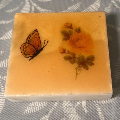 Vintage Butterfly and yellow rose Paperweight Stone Marble Yellow 1970's