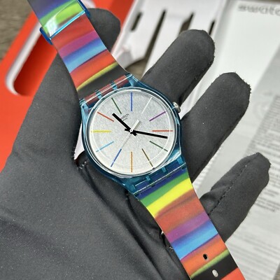 NEW LIMITED EDITION  Swatch Originals COLORBRUSH Rainbow Watch 41mm SUOW120 $95