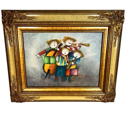 J. Roybal Oil Painting Children Playing Musical Instruments Framed