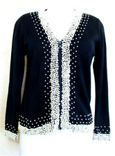 Vintage Cardigan Sweater 1980s Anne Klein II XS Women Dark Blue Knit Pearl Trim