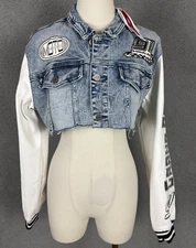 Smoke Rise Women's Cropped Racing Denim Jacket Button Front Blue Large NWI's.