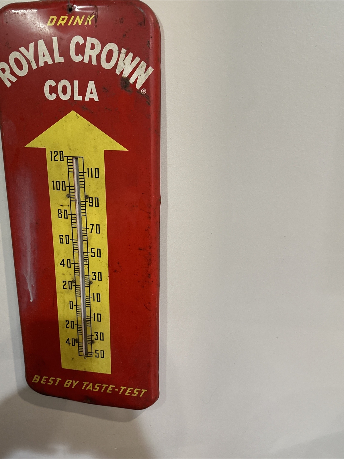 ORGINAL AUTHENIC DRINK ROYAL CROWN COLA THERMOMETER METAL SIGN. 9.5x26