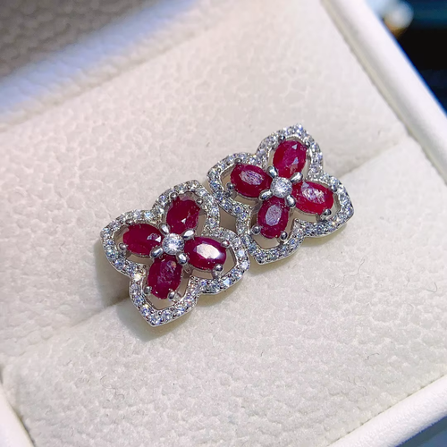 Ruby Earrings 925 Sterling Silver, Natural Ruby Cluster Stud Earrings 3x4mm