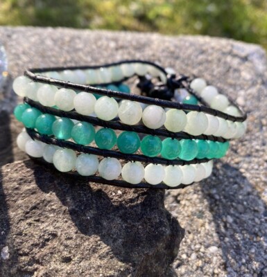 Aqua Malaysia Jade Beaded leather Wrap Bracelet with Seahorse
