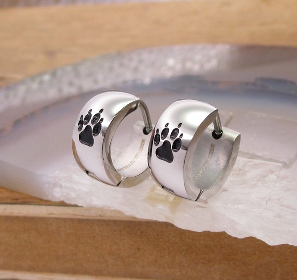 Edelstahl Creolen Herren Damen Ohrringe HochgläNzend Silber Poliert Wolf FußSpur-image