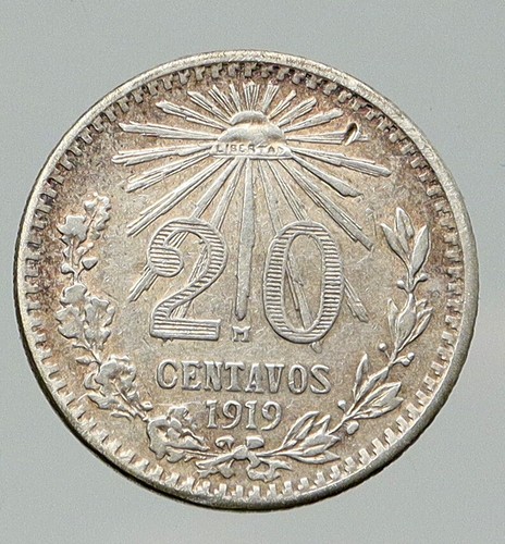 1919 MEXICO Pythagorian Cap of LIBERTY Antique 20 Centavos Silver Coin i92123 - Picture 2 of 3