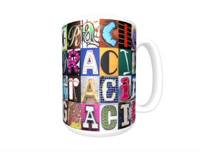 GRACIE Coffee Mug / Cup featuring the name in photos of sign letters