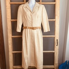 Vintage Donle Originals New York Woman's Dress Beige Belt Pleat Size M (18.5x27)