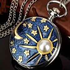 Moon Sun Star Embossed Quartz Pocket Watch Vintage Necklace Chain Watch Gift New