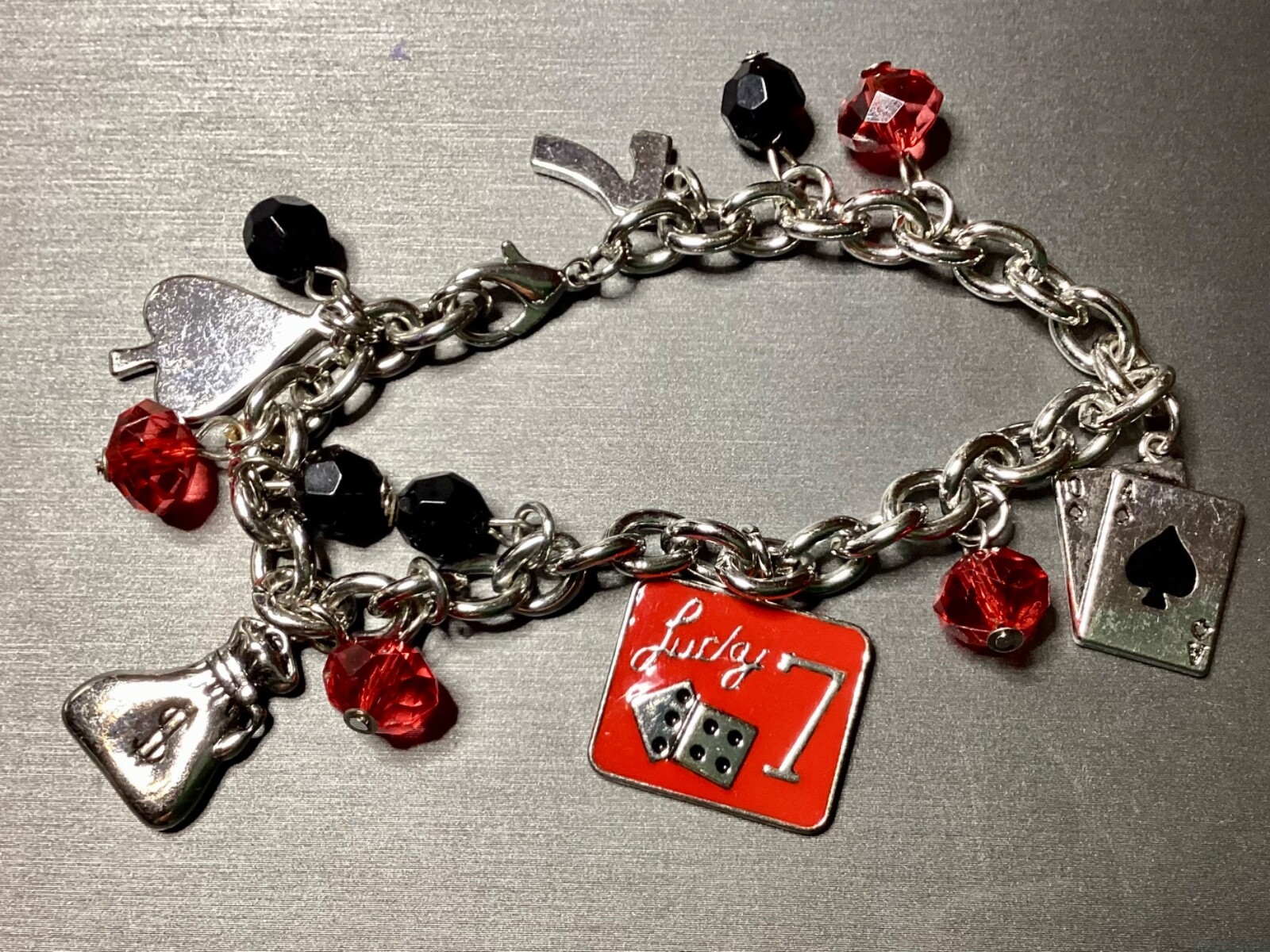 Silver Plated Lucky 7 Casino Gambling Spades Ace Cards Charm Bracelet Jewelry