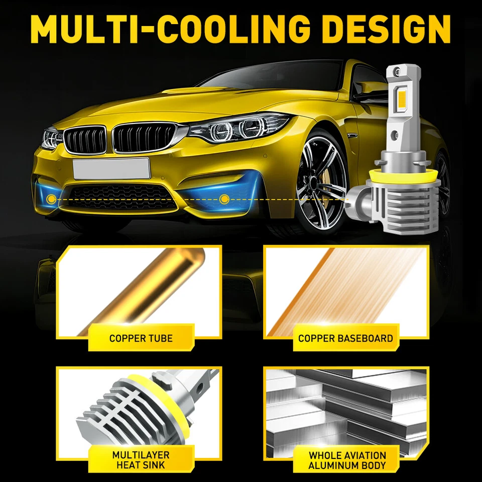 4X H11 H8 H9 LED Headlight Fog Light High Low Beam Bulbs Kit 3000K Golden Yellow - Image 3 of 4