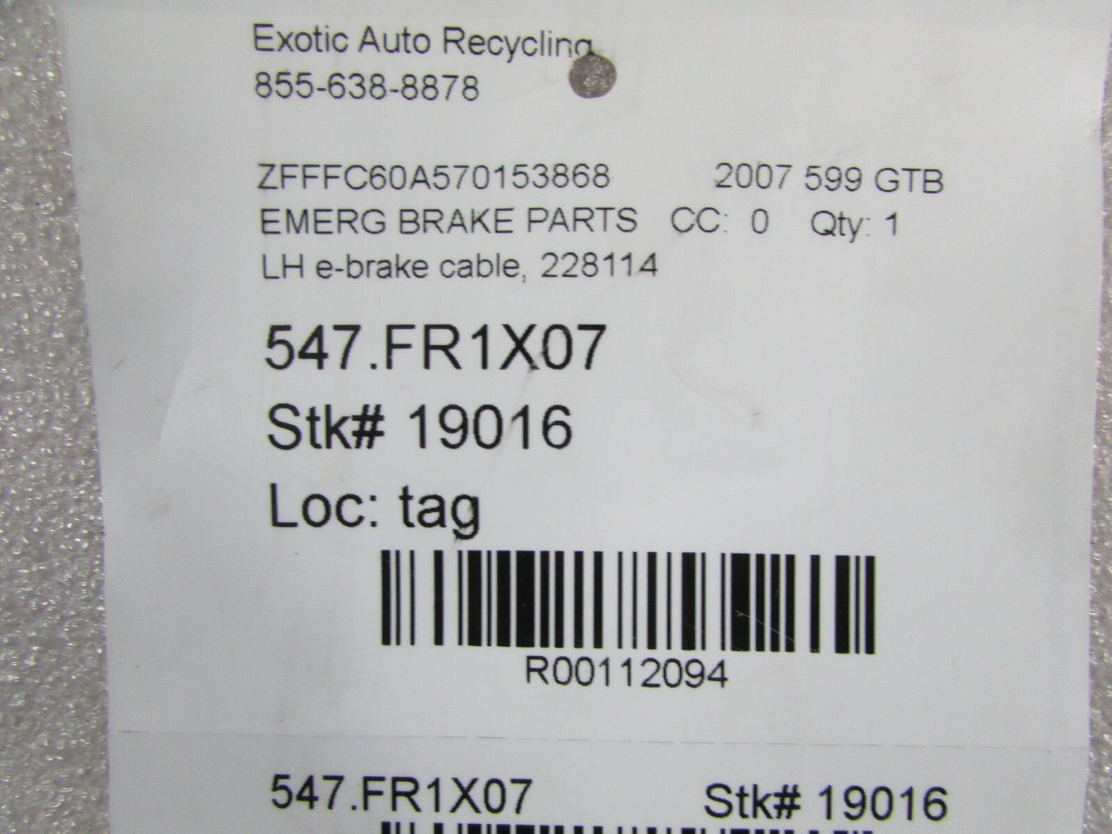 Ferrari 599 GTB, LH, Left E-Brake Cable, Used, P/N 228114
